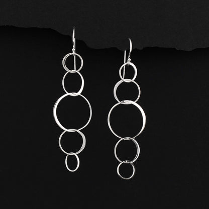 Sterling Silver 5 Connected Circle Earrings, Statement Earrings, Silver Earrings, Long Earrings, Hoop Earrings, Dangle Drop Earrings, Five Rings, Geometric, Simple, Minimalist Jewelry