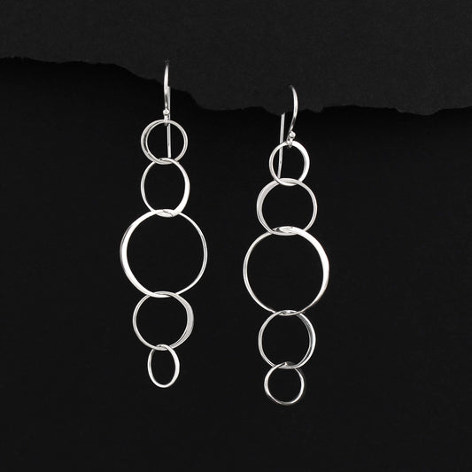 Sterling Silver 5 Connected Circle Earrings, Statement Earrings, Silver Earrings, Long Earrings, Hoop Earrings, Dangle Drop Earrings, Five Rings, Geometric, Simple, Minimalist Jewelry