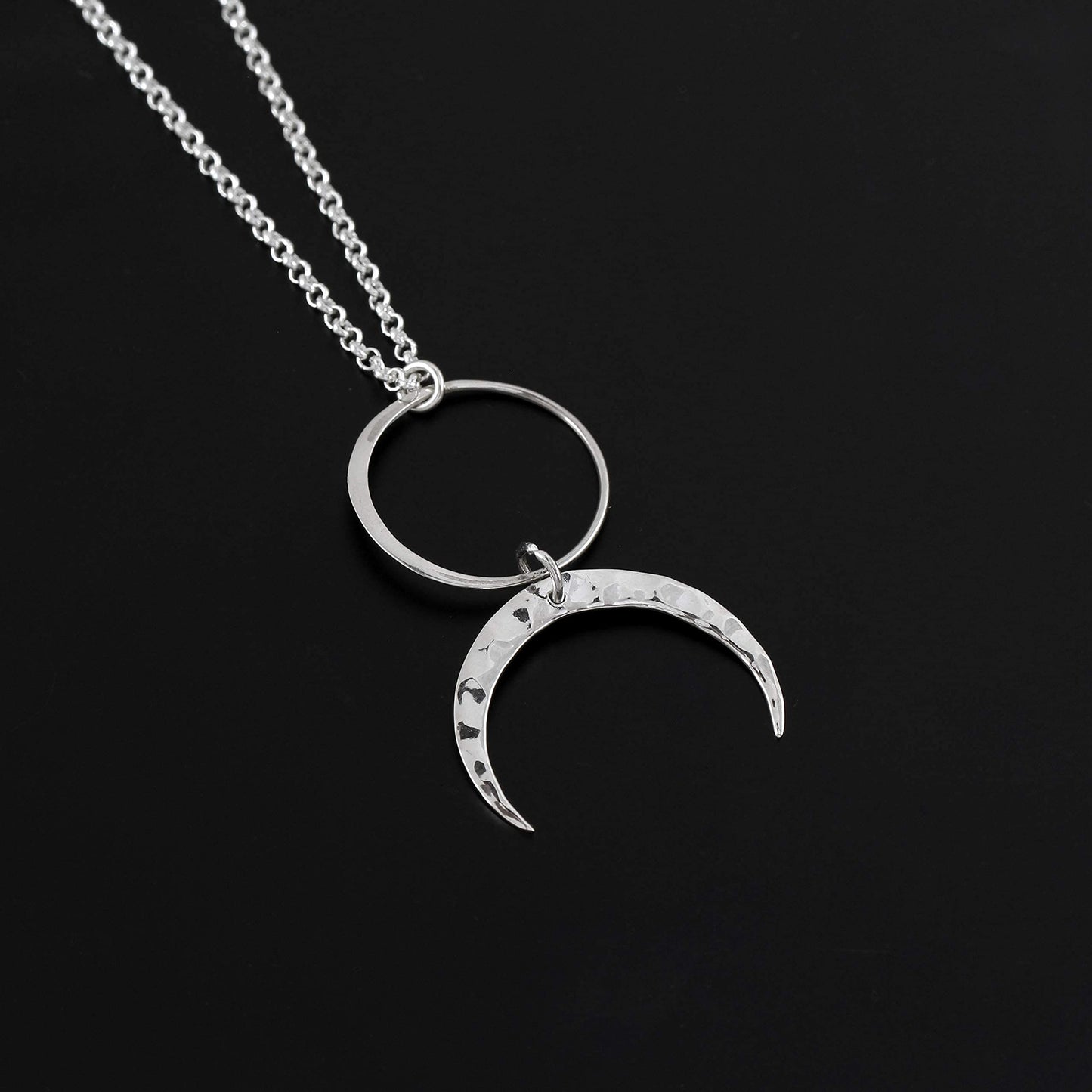 Two Cups Circle and Hammered Crescent Moon Necklace • Modern Minimalist Jewelry • Simple Feminine • Full Moon Half Moon Pendant • Goddess Necklace