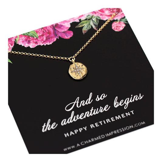 Retirement Gift for Women • Diamond Starburst Compass Necklace • 14k Gold • Service Appreciation Jewelry • Retiring Friend Mom Teacher Nurse Coworker Colleague Gifts • And so the Adventure Begins