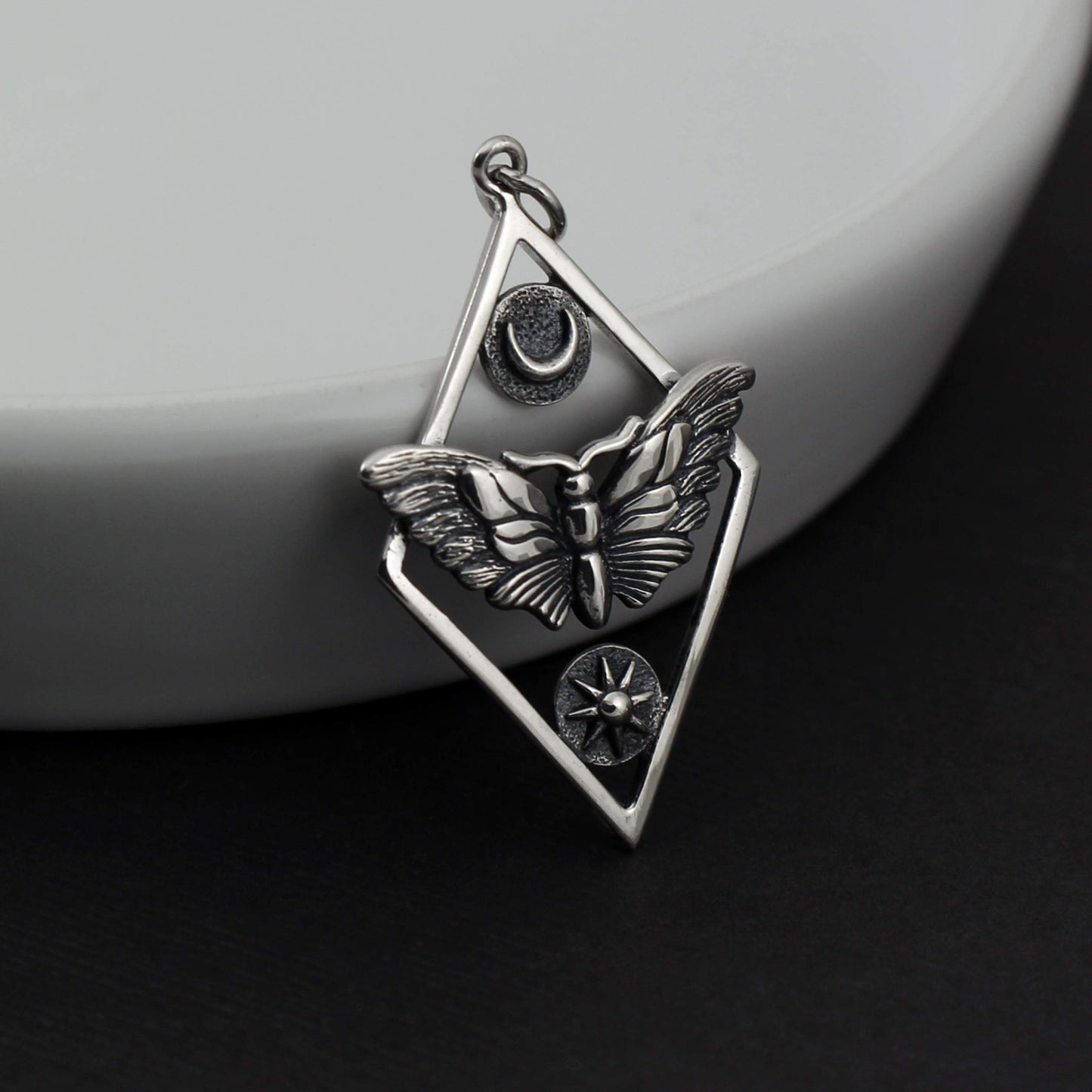 Two Cups Sterling Silver Butterfly Moth with Sun and Moon Charm • Moth Pendant • Butterfly Insect Bug Jewelry • Metaphysical Charm • Celestial Moon Phases Pendant • Intuition Jewelry