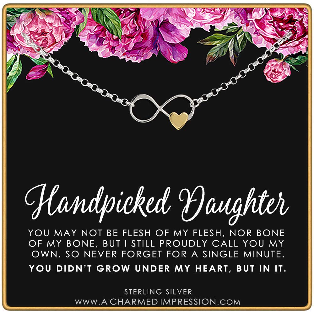 Handpicked Daughter Gifts from Mom • Unbiological Mother & Child Gift for from Stepmom • Sterling Silver • Infinity Heart Necklace • Adopted Step Daughter Stepdaughter • Quote Card Keepsake Jewelry