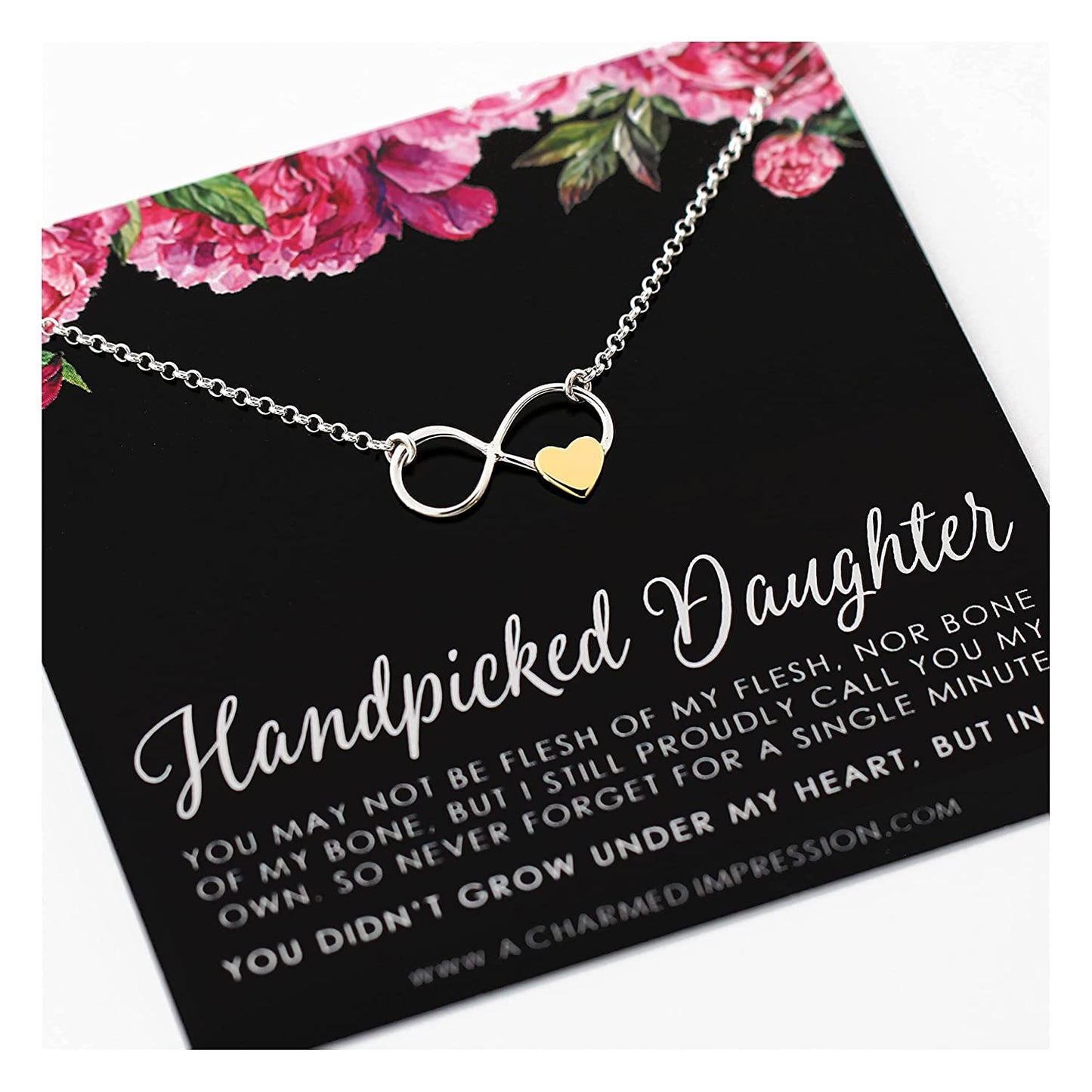 Handpicked Daughter Gifts from Mom • Unbiological Mother & Child Gift for from Stepmom • Sterling Silver • Infinity Heart Necklace • Adopted Step Daughter Stepdaughter • Quote Card Keepsake Jewelry