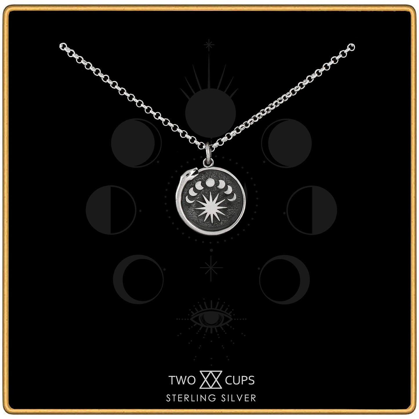 Two Cups Sterling Silver Moon Phase Ouroboros Charm Necklace • Lunar Snake Pendant