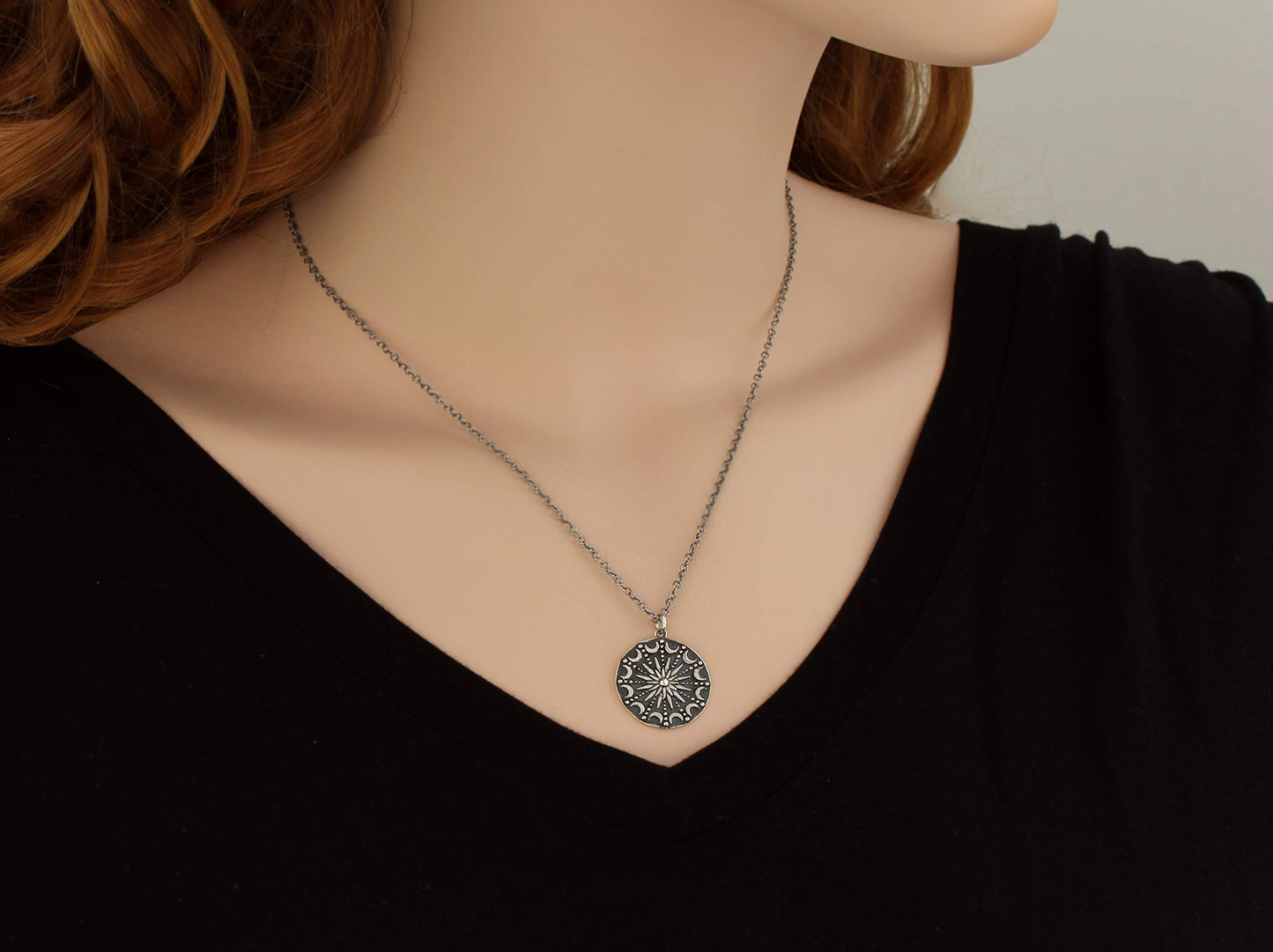 Sterling Silver Sun and Moon Mandala Necklace • Celestial Pendant • Lunar Moon Phases • Crescent Moon Necklace • Antiqued Sterling Silver Chain