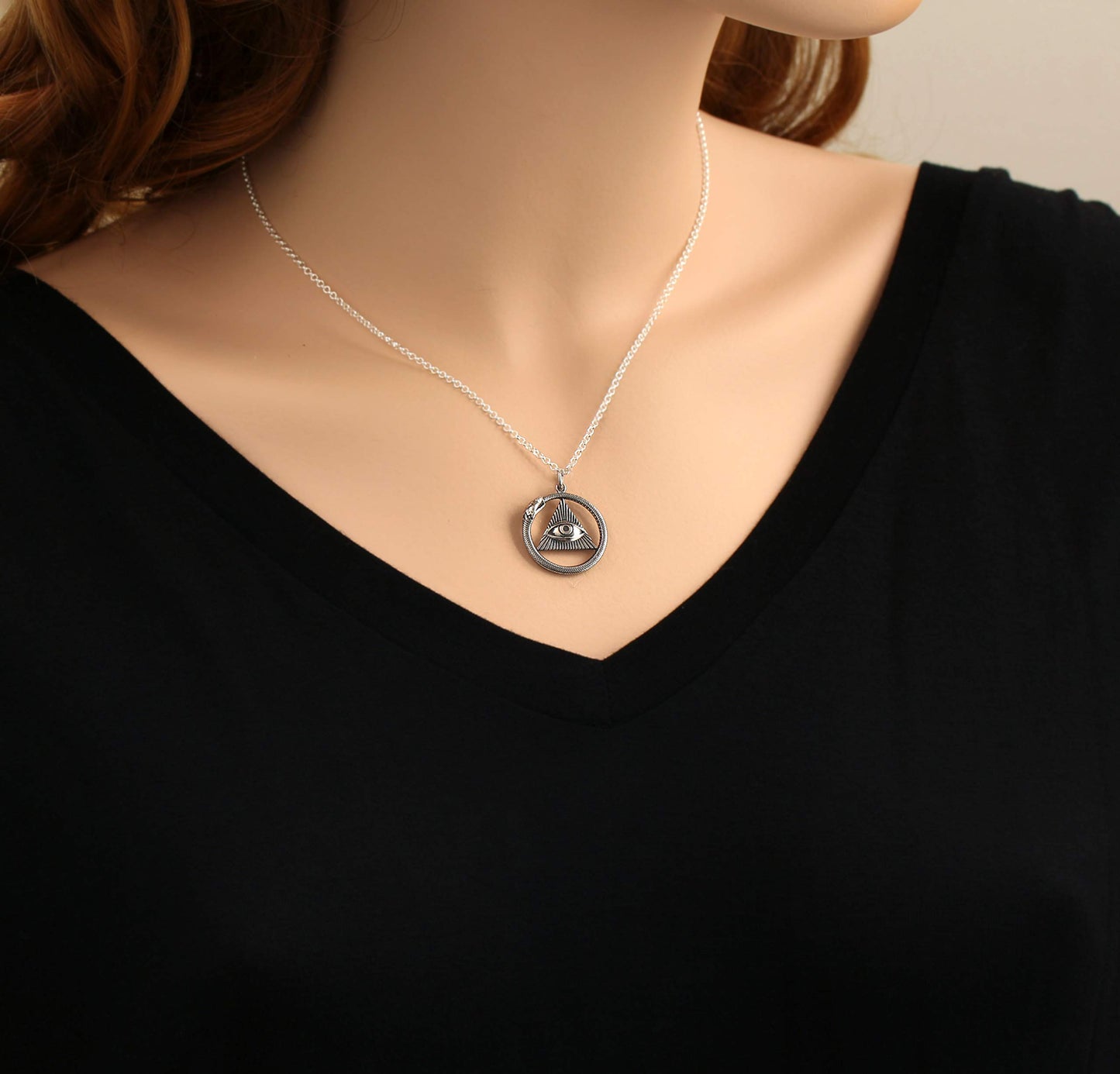 Antique Ouroboros All Seeing Eye Pendant Necklace • Bright Sterling Silver Chain • Sterling Silver Ouroboros Snake • Eye of God • Metaphysical Jewelry • Spiritual Gifts for Women • Healing Jewelry