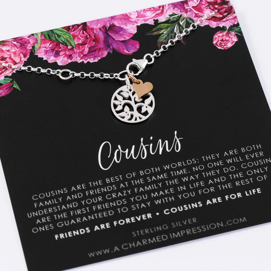 Cousin Gifts for Women • Gift for Cousin Woman • Sterling Silver Gold Bracelet • Family Tree Charm Bracelet • Unique Birthday Gift Ideas • Loving Cousin Gifts • Meaningful Jewelry