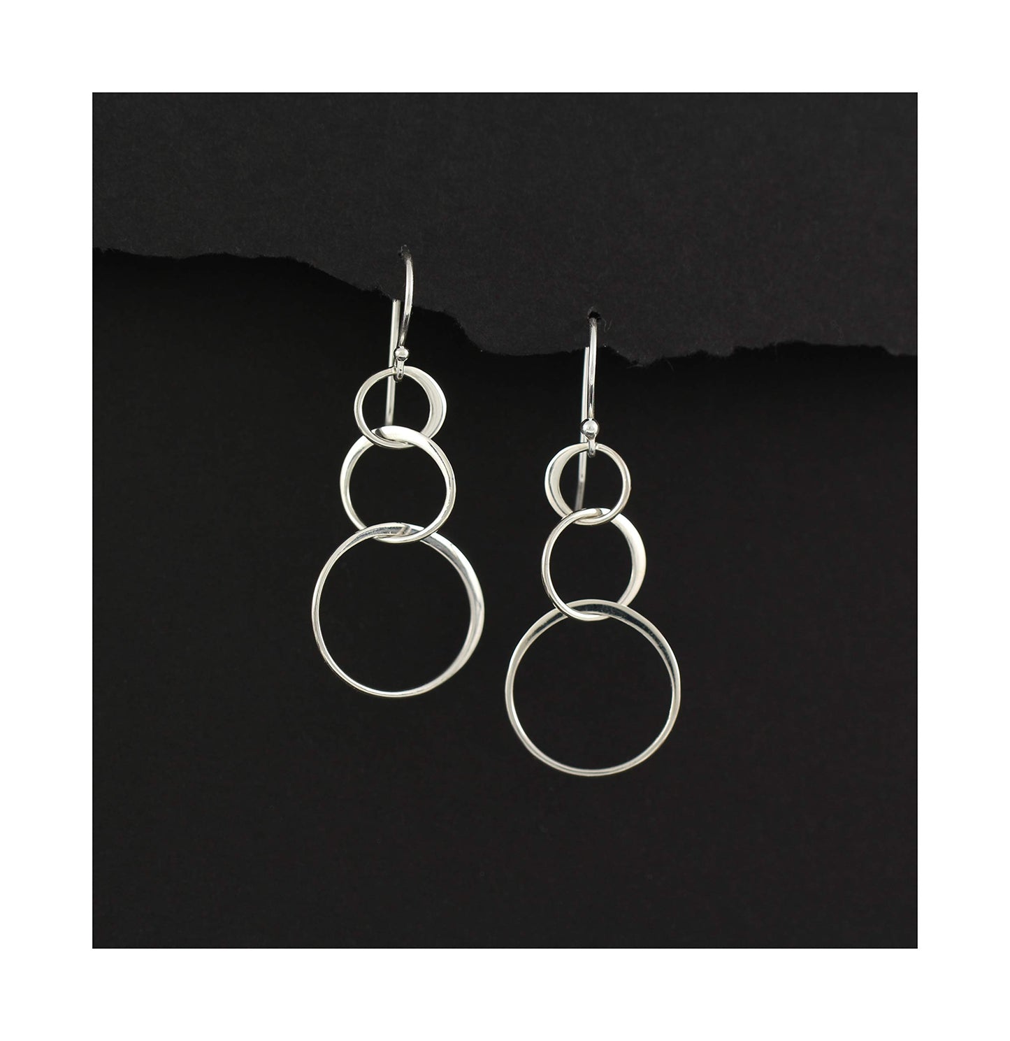 Sterling Silver 3 Connected Circle Earrings, Statement Earrings, Silver Earrings, Long Earrings, Hoop Earrings, Dangle Drop Earrings, Three Rings, Geometric, Simple, Minimalist Jewelry