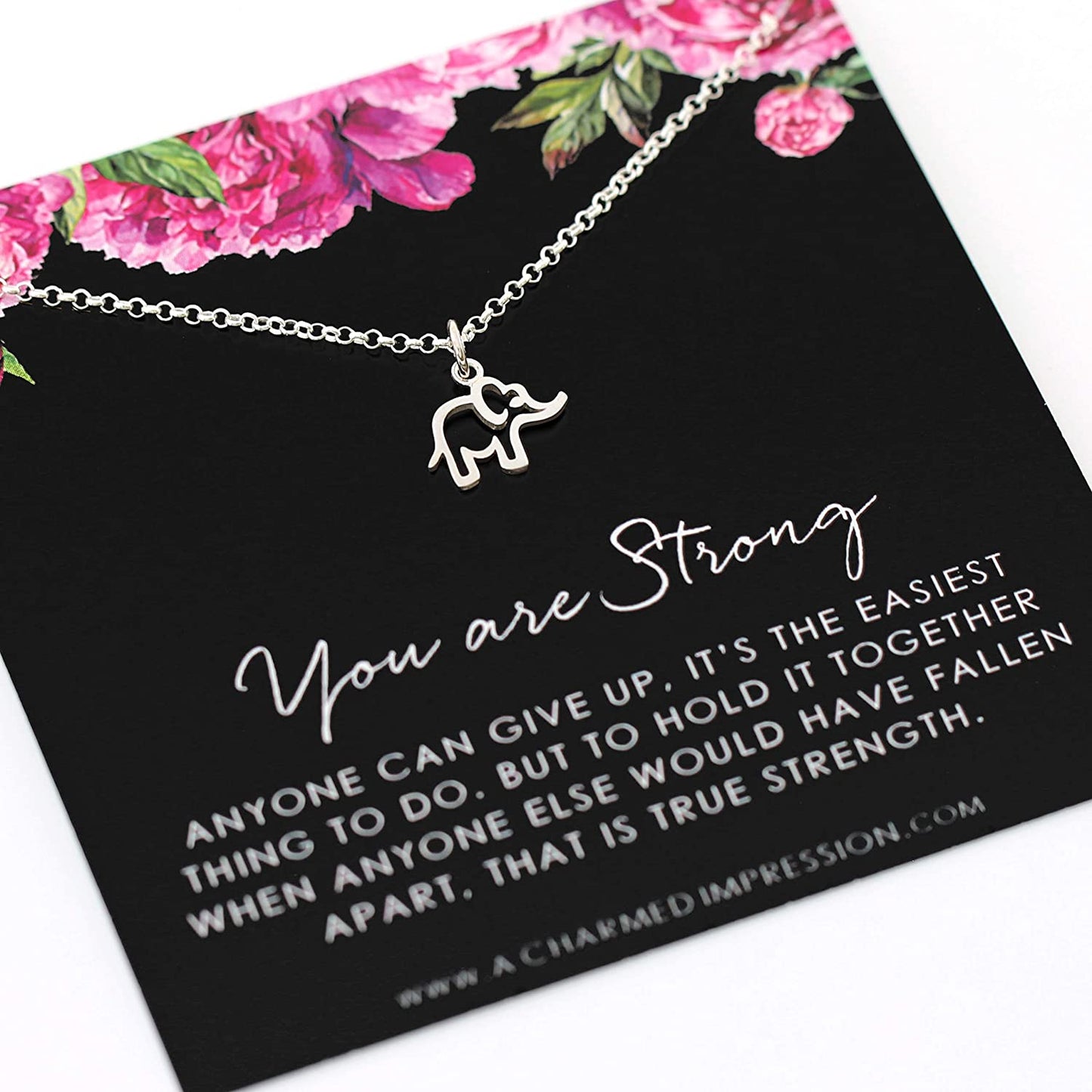 You are Strong • Inspirational Gifts for Women • Sterling Silver Necklace • Lucky Elephant Charm • Gift for Cancer Survivor, Infertility, Suicide, Recovery, Divorce, Depression • Encouragement Gifts