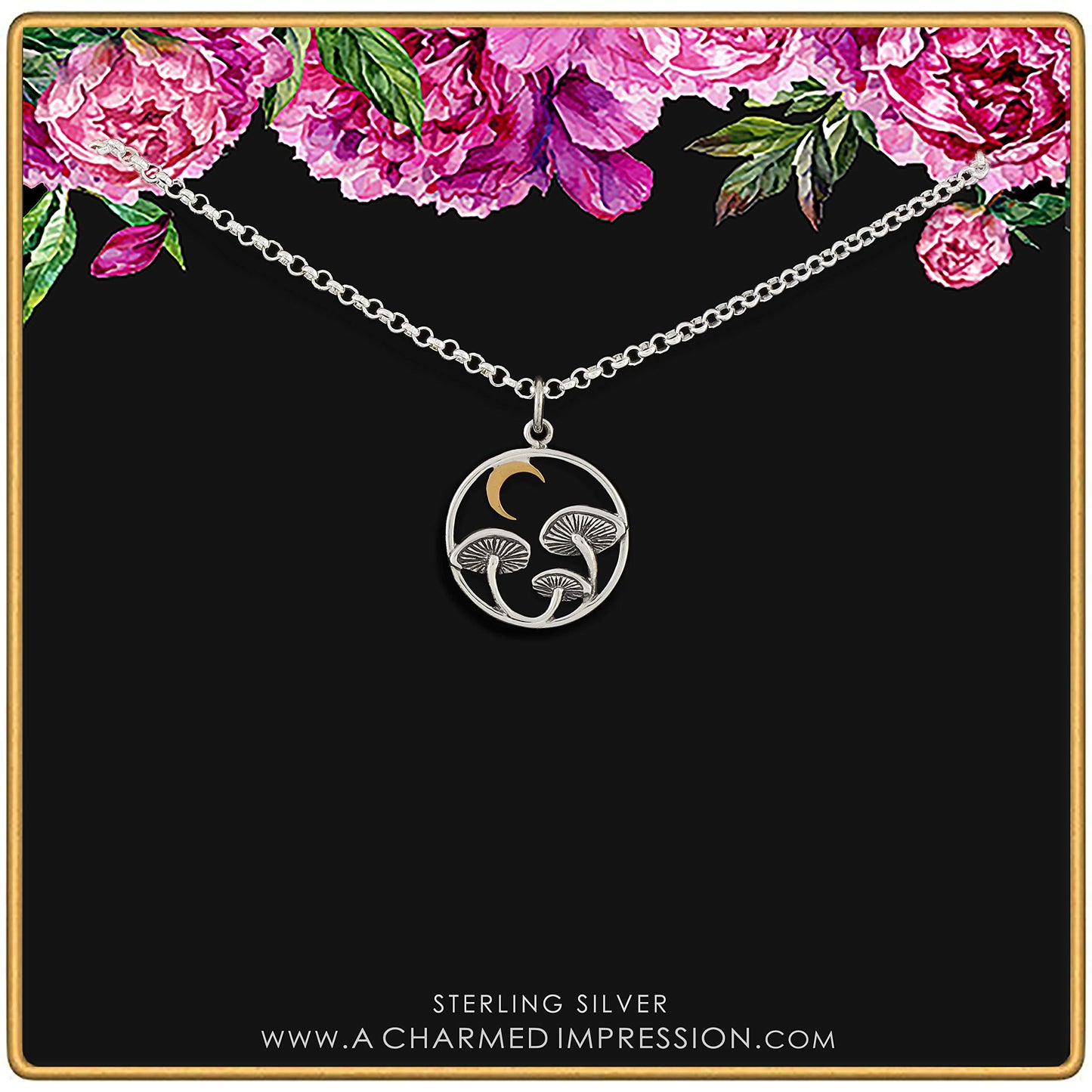 Sterling Silver Mushroom Charm Necklace • Bronze Crescent Moon • Two Tone Crescent Moon Pendant • Celestial • Mushroom Charm Jewelry