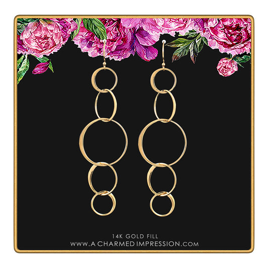 14k Gold Filled 5 Connected Circle Earrings, Statement Earrings, Gold Earrings, Long Earrings, Hoop Earrings, Dangle Drop Earrings, Five Rings, Geometric, Simple, Minimalist Jewelry