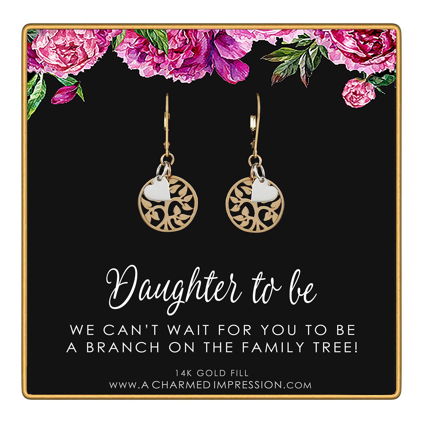 Daughter to be Gift • Welcome to Our Family Tree • Gold Fill Earrings • Gold Tree Silver Heart Charm • Intentional Jewelry for Women • Daughter in Law • Stepdaughter Gifts from Mother Stepmother