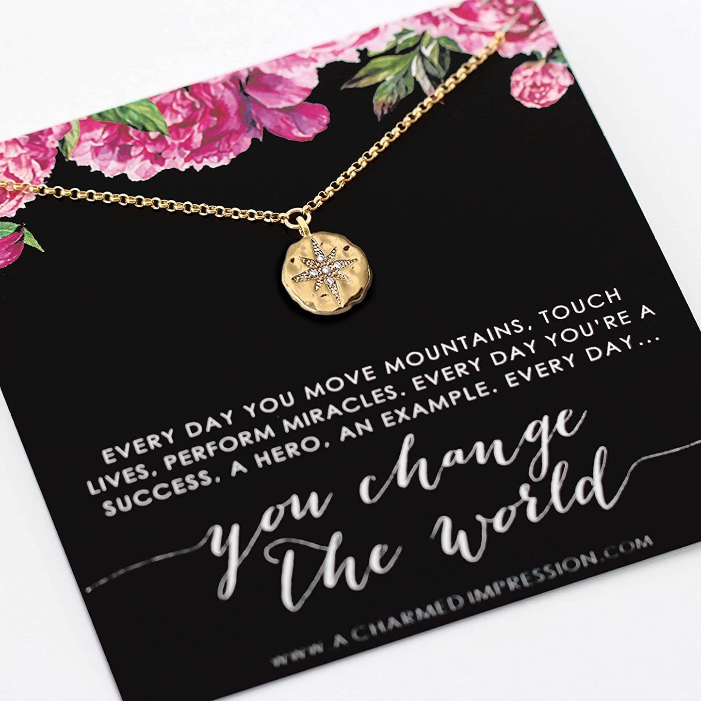 Everyday You Change the World • Gift for Nurse, Foster Mom, Social Worker, Mentor, Teacher • 14k Gold • Diamond Starburst Necklace • Gratitude Appreciation • Thank You Gifts • Inspirational Jewelry