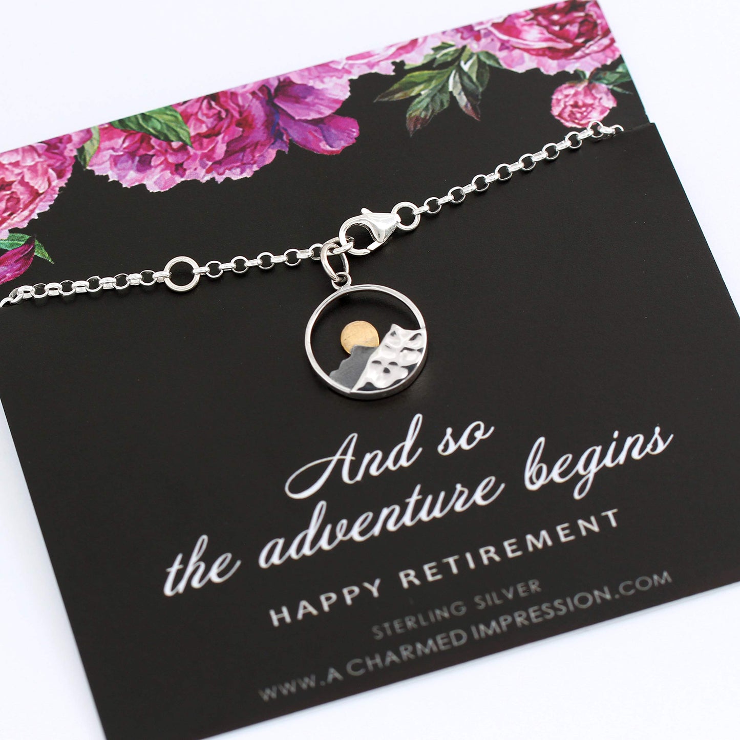 Coworker Leaving Gifts for Women • Retirement Gift • Sterling Silver • Sun & Mountain Charm Bracelet • Service Appreciation Jewelry • Friend Teacher Nurse Work Colleague • and so The Adventure Begins