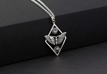 Sterling Silver Butterfly Moth with Sun and Moon • Adjustable Chain Necklace • Moth Pendant • Butterfly Insect Bug Jewelry • Metaphysical Charm • Celestial Moon Phases Pendant • Intuition Jewelry