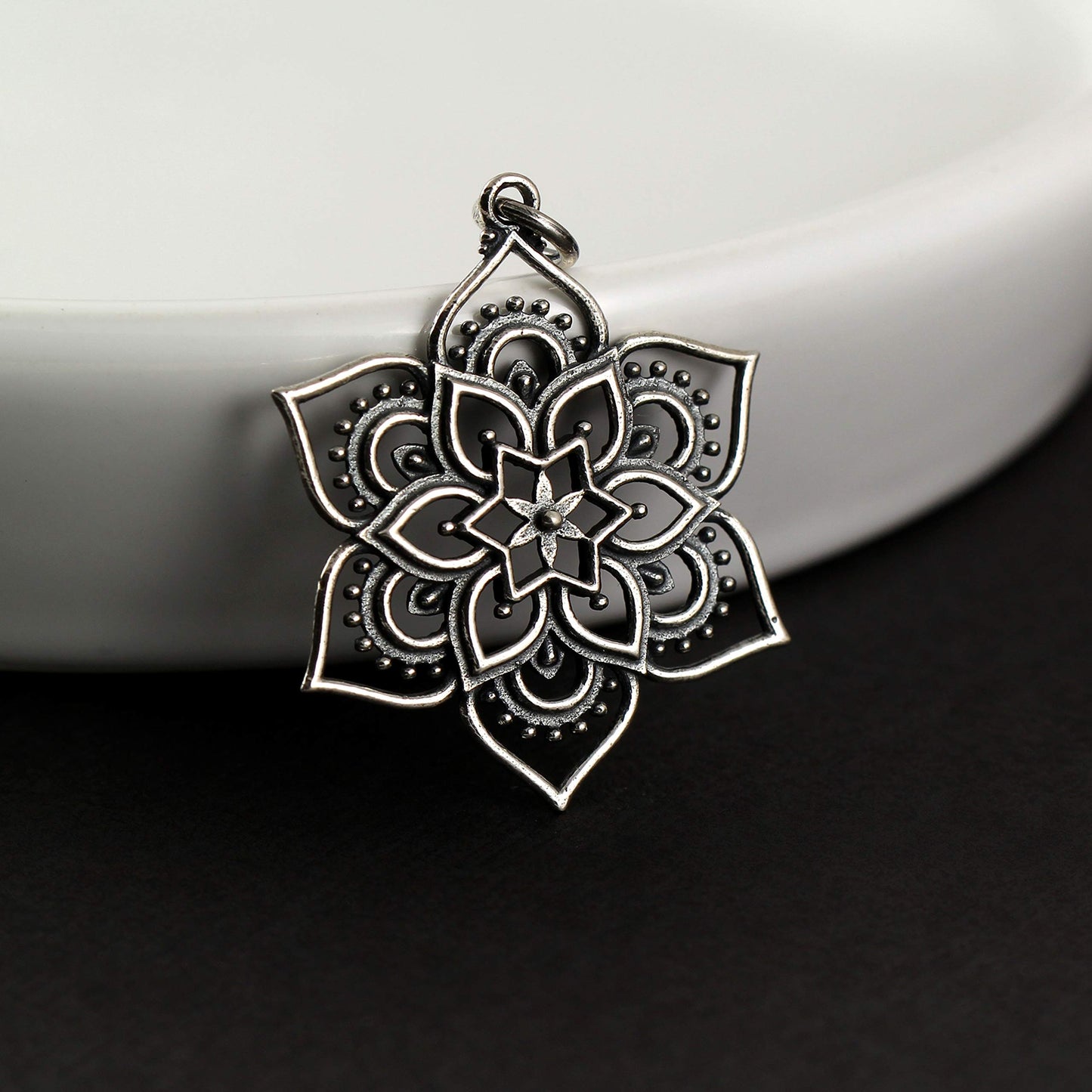 Sterling Silver Flower Mandala Charm • Antiqued Sterling Silver • Lotus Mandala Sterling Pendant • Boho Bohemian Jewelry • Abundance Strength Endurance Yoga Gifts for Women • Necklace Bracelet Charm