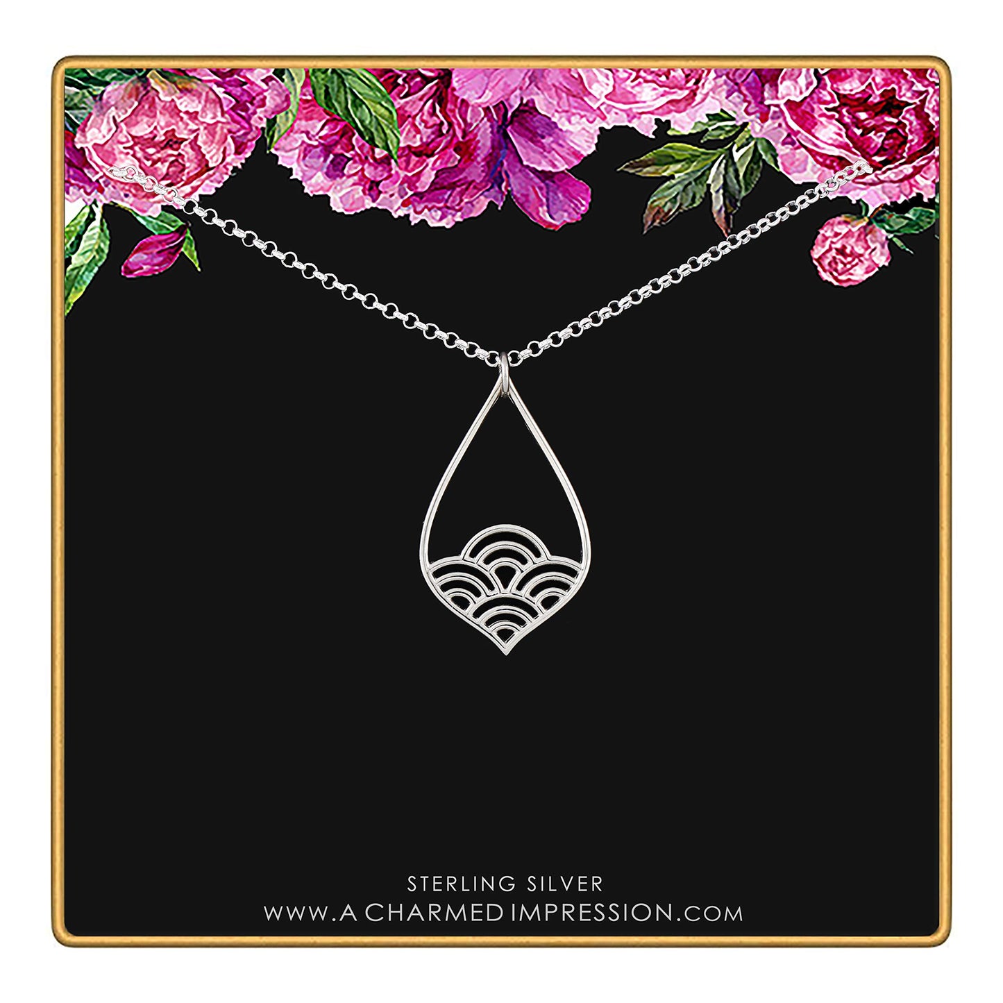 A Charmed Impression Sterling Silver Wave Teardrop Necklace • Simple Minimalist Jewelry • Modern Pendant • Romantic Feminine • Waves Pattern