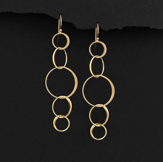 14k Gold Filled 5 Connected Circle Earrings, Statement Earrings, Gold Earrings, Long Earrings, Hoop Earrings, Dangle Drop Earrings, Five Rings, Geometric, Simple, Minimalist Jewelry