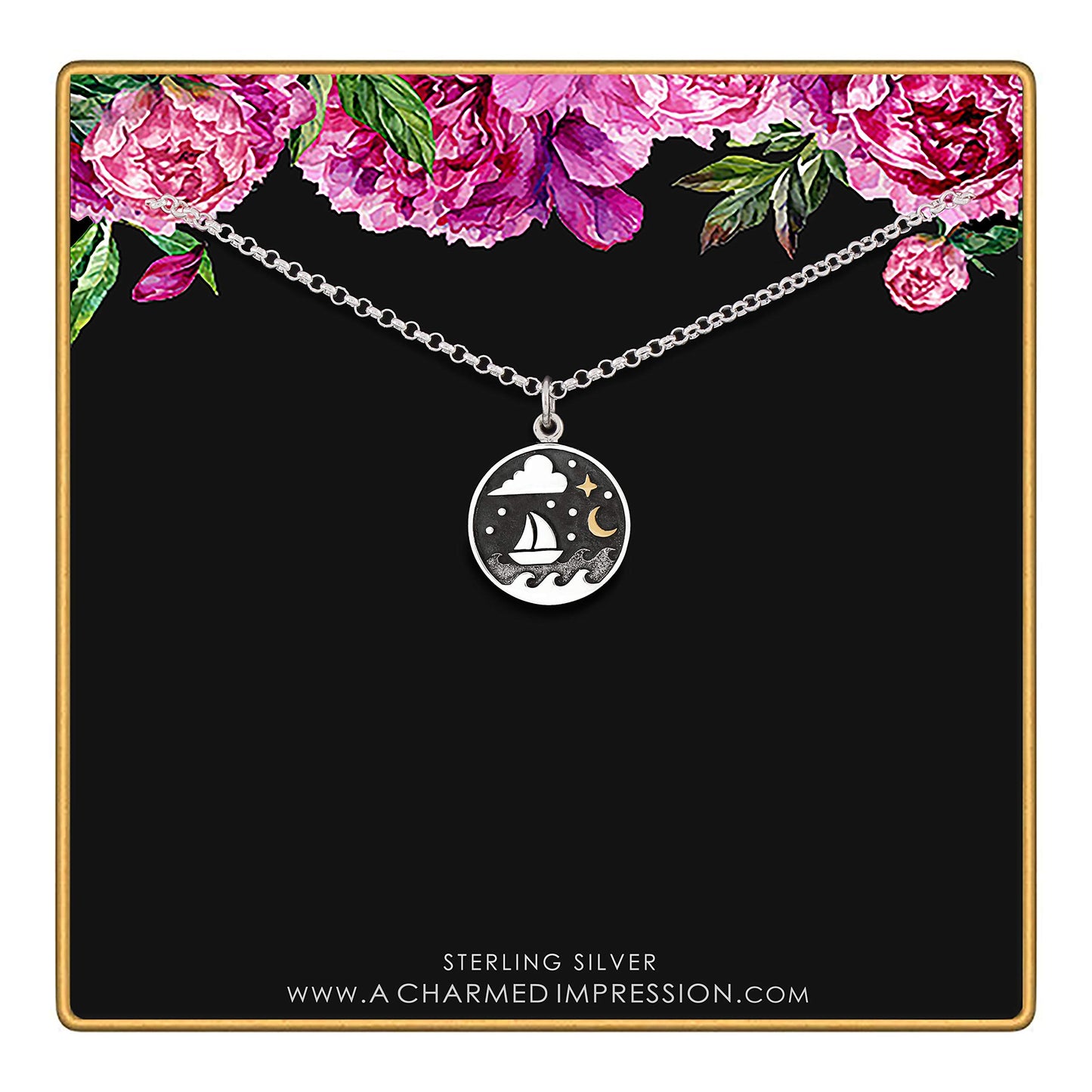 A Charmed Impression Sterling Silver Sailboat Charm Pendant Necklace • Wanderlust • Adventure Lover • Fishing Sail Boat • Ocean Stars Night • Sailor Boating Lover Gift for Women