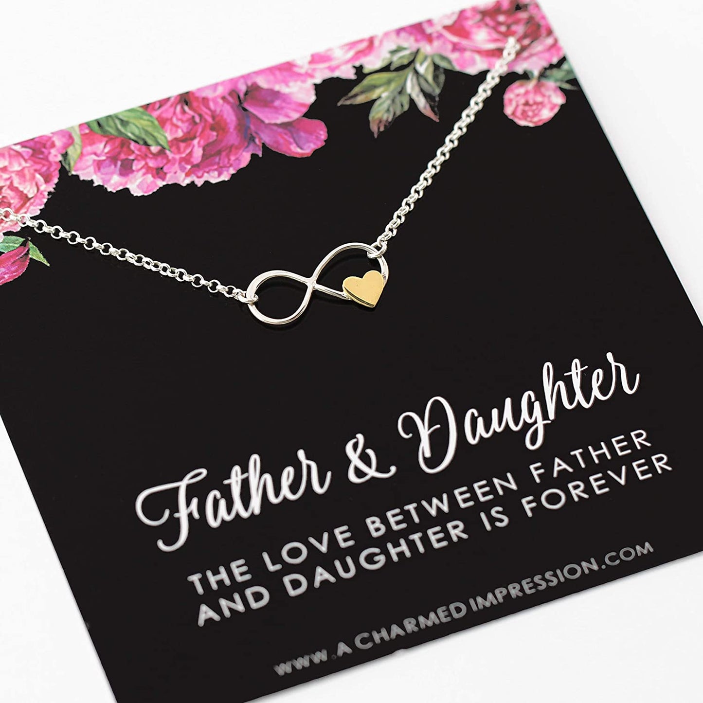 Father and Daughter Necklace • Infinite Love • 925 Sterling Silver • Infinity with Gold Heart • Birthday Memorial Remembrance Wedding • Gift for Daughter from Dad