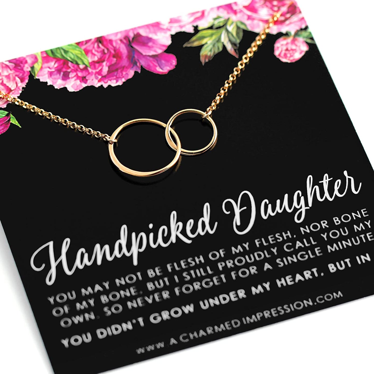 Handpicked Daughter • Jewelry Gifts for Adopted Child • Daughter Gift Necklace • From Mom Dad • Adoption Keepsake • Gold • Double Eternity Circles • Unbiological Mother Father Gifts • Women Girls