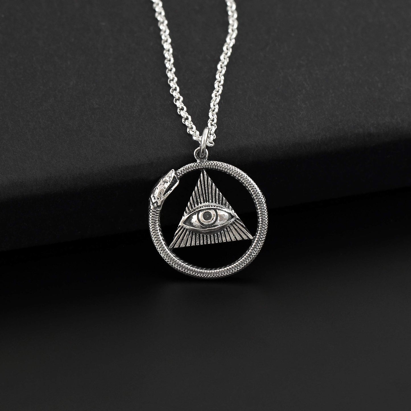 Antique Ouroboros All Seeing Eye Pendant Necklace • Bright Sterling Silver Chain • Sterling Silver Ouroboros Snake • Eye of God • Metaphysical Jewelry • Spiritual Gifts for Women • Healing Jewelry