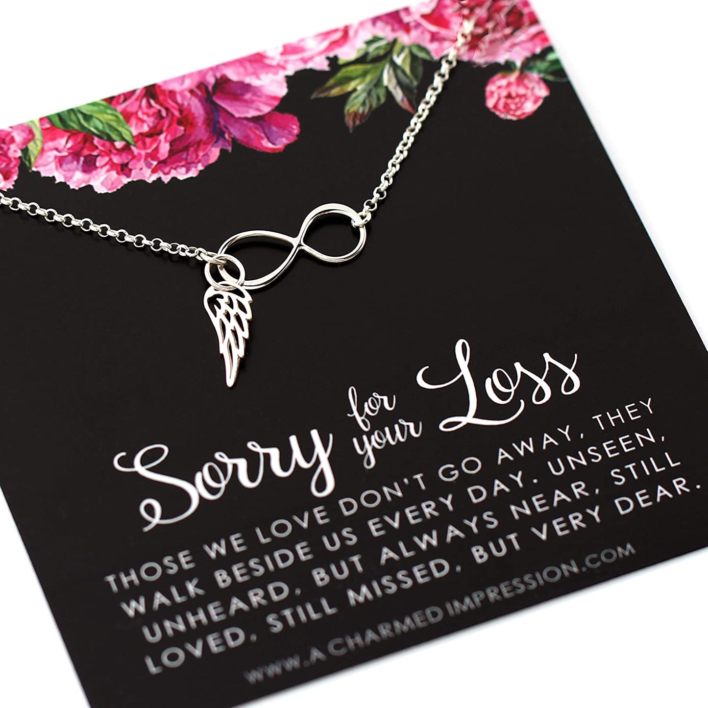 Memorial Gift Jewelry • Sorry For Your Loss Necklace • Sterling Silver • Angel Wing Infinity • In Memory of Husband Mother Father Sister Child Baby Pet Dog Miscarriage • Sympathy Remembrance Gift