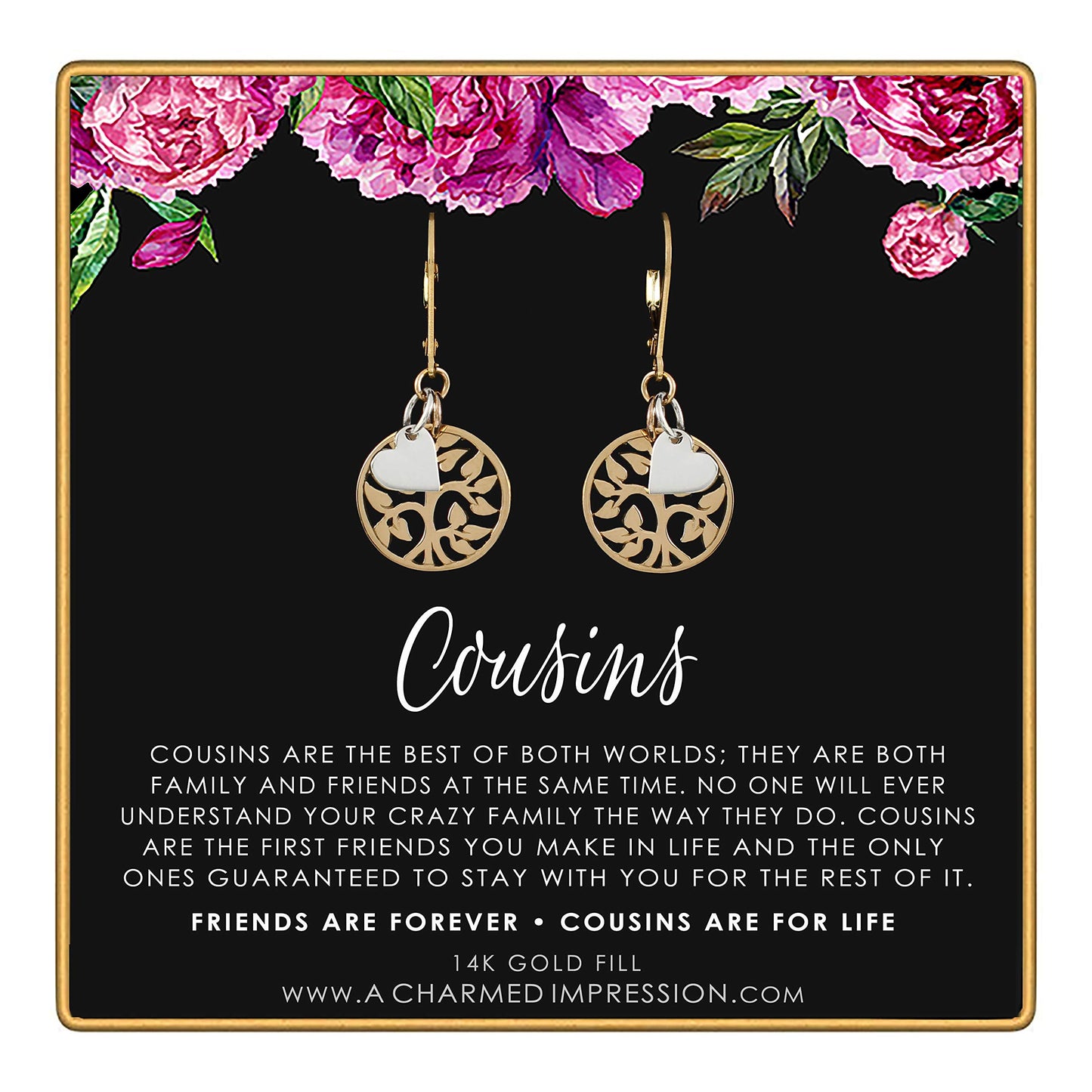 Cousin Gifts for Women • Gift for Cousin Woman • 14k Gold Filled Leverback Earrings • Gold Tree with Sterling Silver Heart • Family Tree • Loving Cousin Jewelry • Meaningful Jewelry for Women