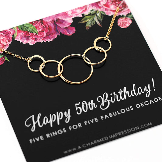 50th Birthday Gifts for Women • Gold Five Circle Necklace • 50 Years Old Birthday Gifts for Women • Fiftieth Birthday Necklace • Five Circles Jewelry • 5 Decade Necklace • Gift for Her