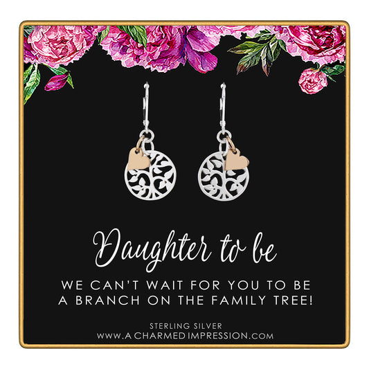 Daughter to be Gift • Welcome to Our Family Tree • Silver Leverback Earrings • Gifts for Stepdaughter or Daughter In Law • Silver Tree Gold Heart Charm • Jewelry for Women