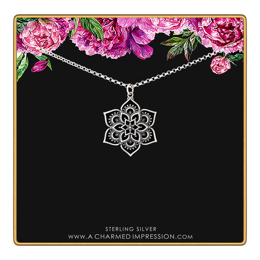 Flower Lotus Mandala Pendant Necklace • Sterling Silver Mandala • Highly Detailed Charm • Sacred Geometry Jewelry • Spiritual Healing Necklace • Meditation Yoga Enlightenment