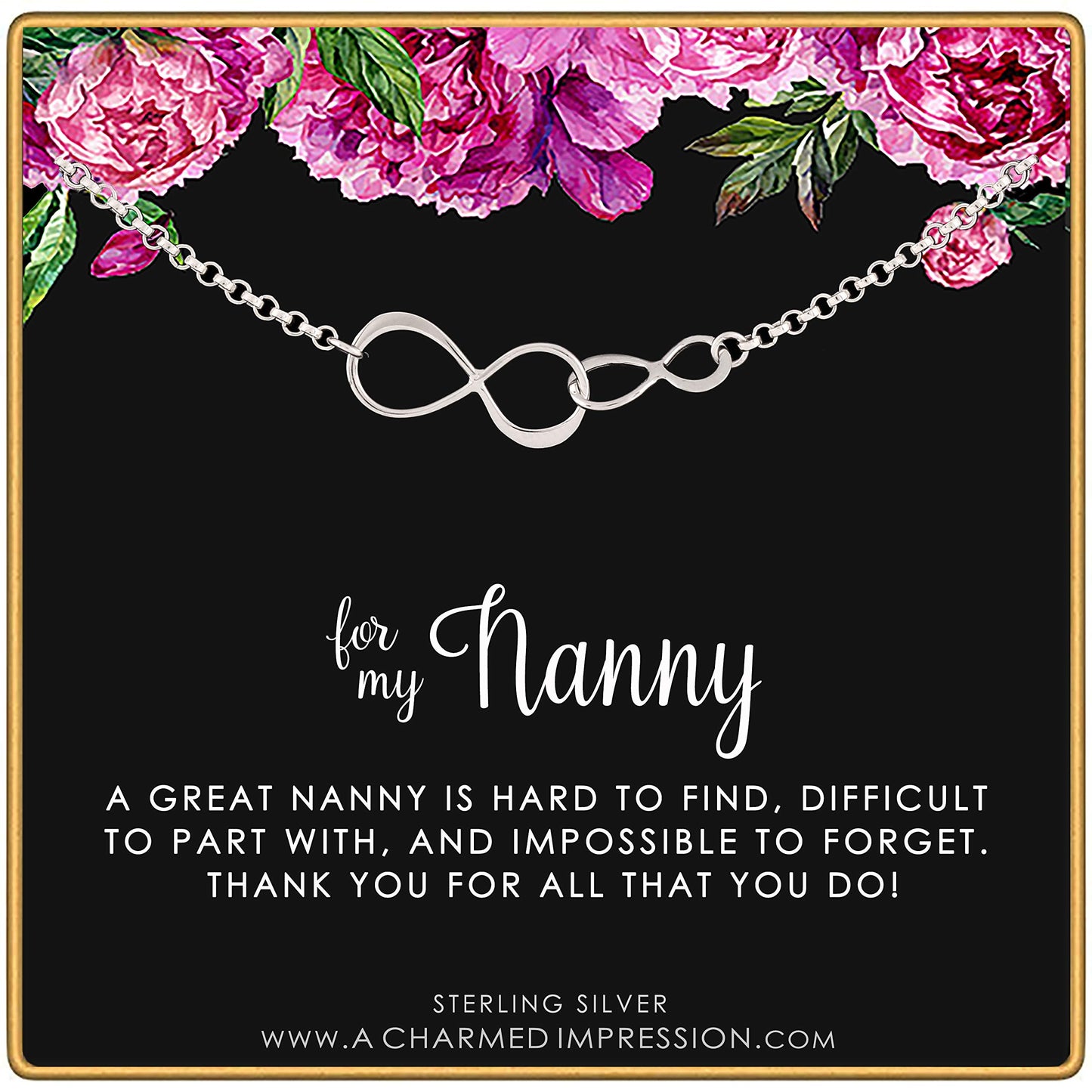 A Charmed Impression Nanny Gifts from Kids for Women • Gift for Nanny Bracelet • Sterling Silver Bracelet • Babysitter Gratitude and Appreciation Jewelry • Best Nanny Ever • Double Infinity Charm