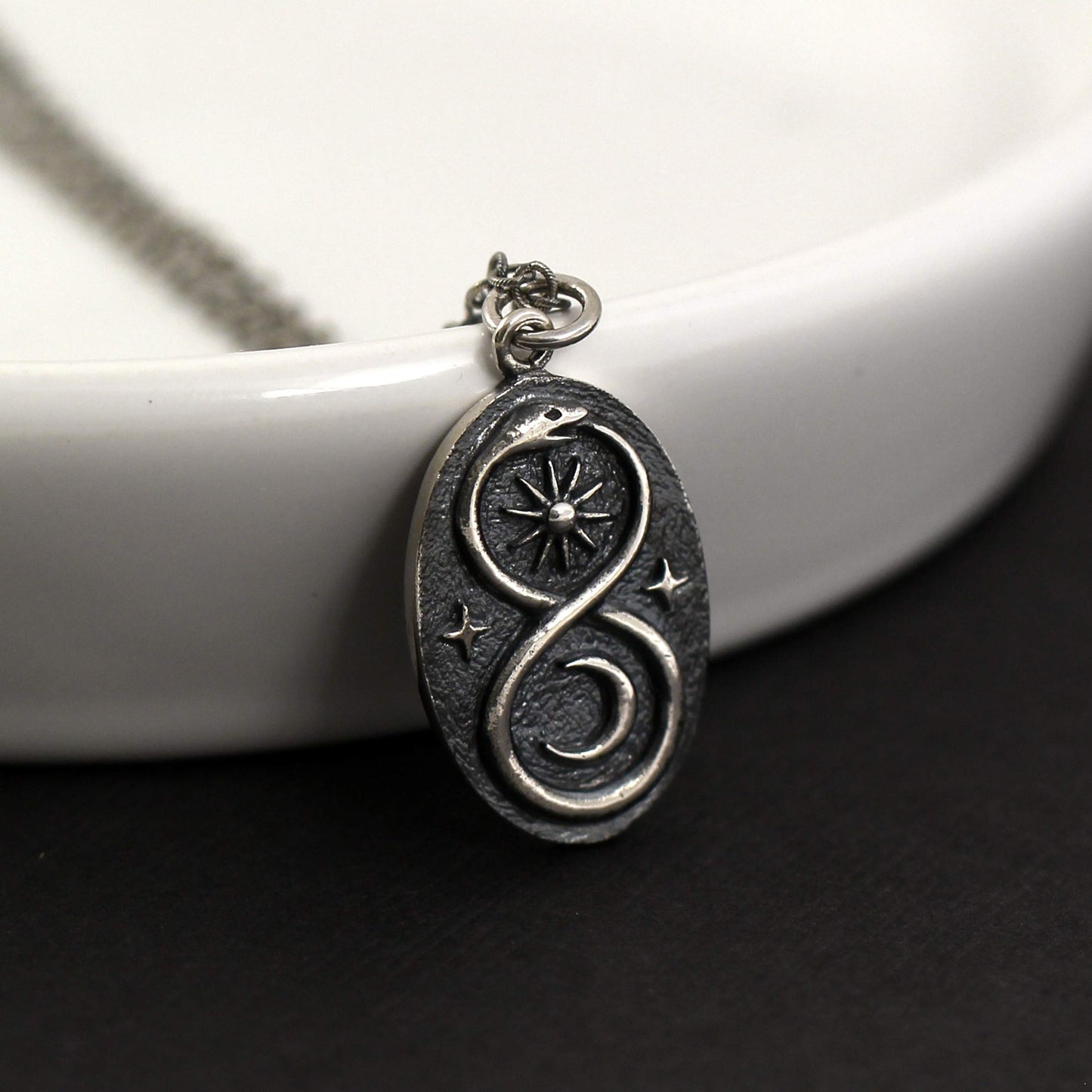 Two Cups Sterling Silver Infinity Ouroboros Snake Pendant on Antiqued Sterling Silver Chain • Sun Moon Lunar Circle