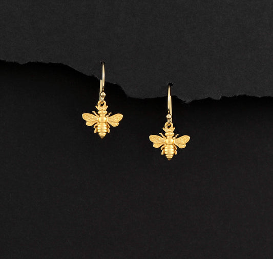Little Gold Bee Earrings • 24k Gold Vermeil Bee Charm Earrings • Honey Bee Bumblebee • Handcrafted Jewelry • Gifts for Women • Gifts for Teen Girls • 14k Gold Filled French Ear Wires
