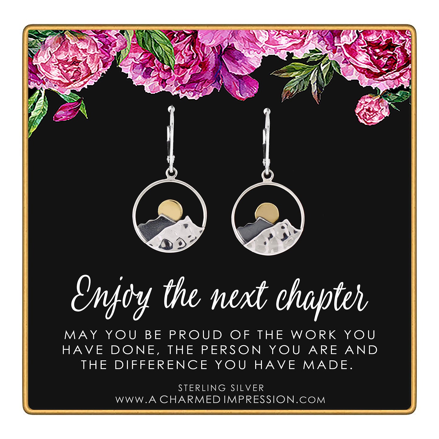 Enjoy the Next Chapter • Congratulations Retirement or Promotion Gift • 925 Sterling Silver • Leverback Style Sun and Mountain Earrings • Service Appreciation Gratitude • New Job • Woman Coworker