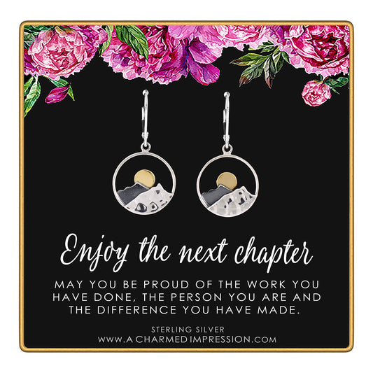 Enjoy the Next Chapter • Congratulations Retirement or Promotion Gift • 925 Sterling Silver • Leverback Style Sun and Mountain Earrings • Service Appreciation Gratitude • New Job • Woman Coworker