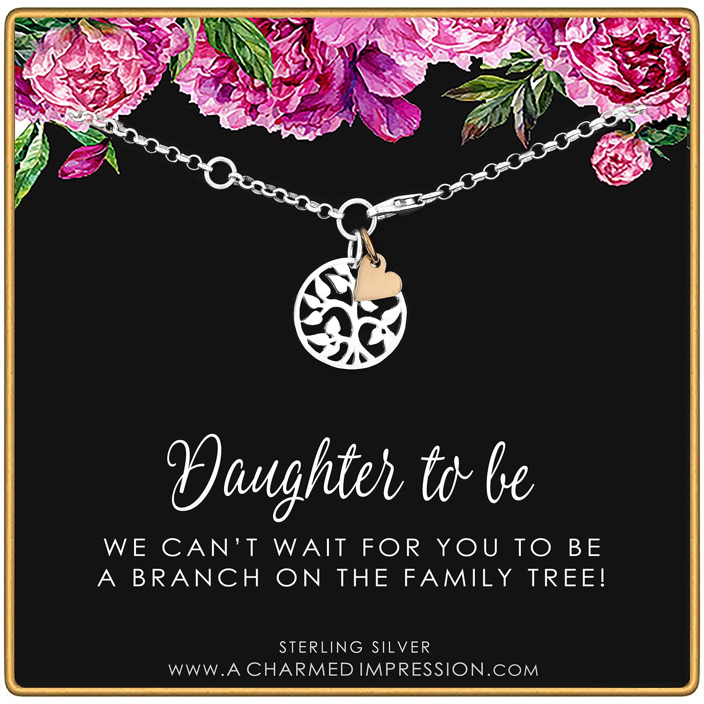 A Charmed Impression Daughter to be Gift • Welcome to Our Family Tree • Sterling Silver Bracelet • Gifts for Stepdaughter or Daughter in Law • Silver Tree Gold Heart Charm • Jewelry for Women