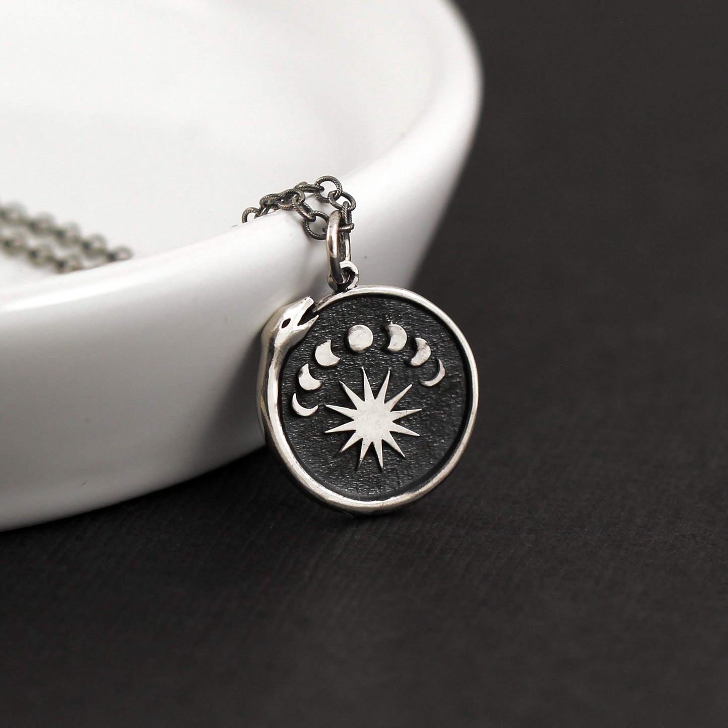 Two Cups Sterling Silver Moon Phase Ouroboros Charm Necklace • Lunar Snake Pendant