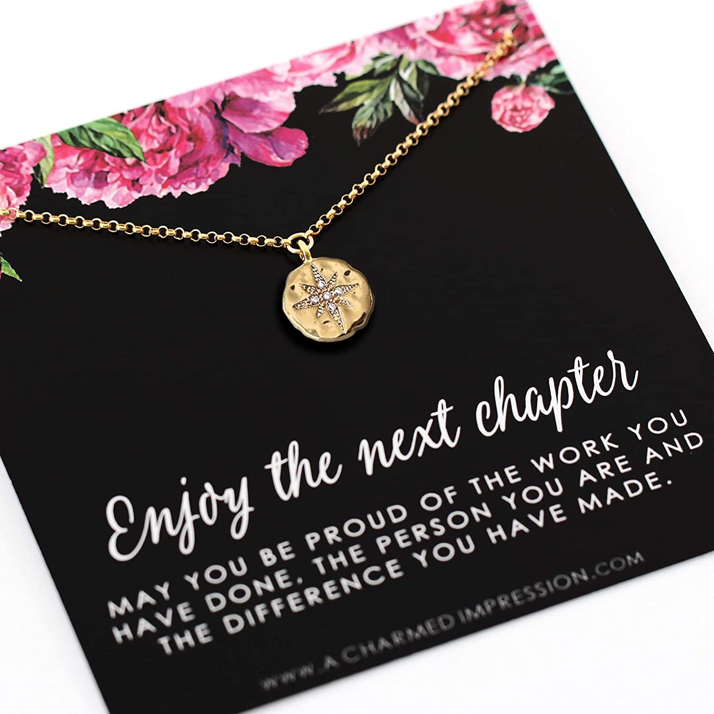 Retirement Gift for Women • Enjoy the Next Chapter • Diamond Starburst Pendant • 14k Gold • Congratulations • You'll be Missed • Be Proud of the Difference You Have Made
