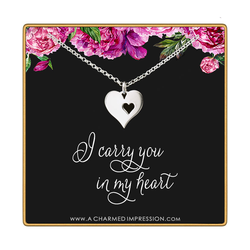 Memorial Necklace • Sympathy Gifts for Women • Silver • Loss of Husband Parent Baby • Miscarry Miscarriage Grief • Remembrance Jewelry • Mom Dad Grandmother • I Carry Your Heart Charm