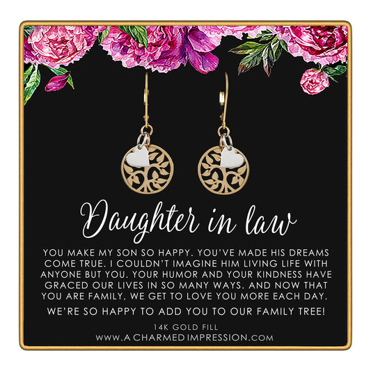 Daughter in Law Gift • Welcome to Our Family Tree • 14k Gold Filled Leverback Earrings • Gifts for Stepdaughter or Future New Daughter In Law • Gold Tree Sterling Silver Heart • Jewelry for Women