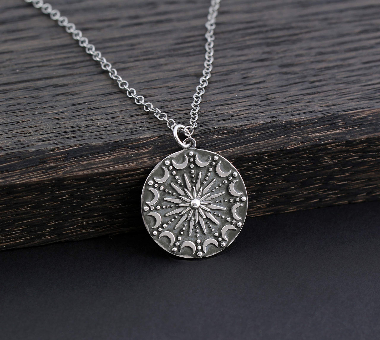 Sun Moon Mandala Necklace on Antiqued Chain