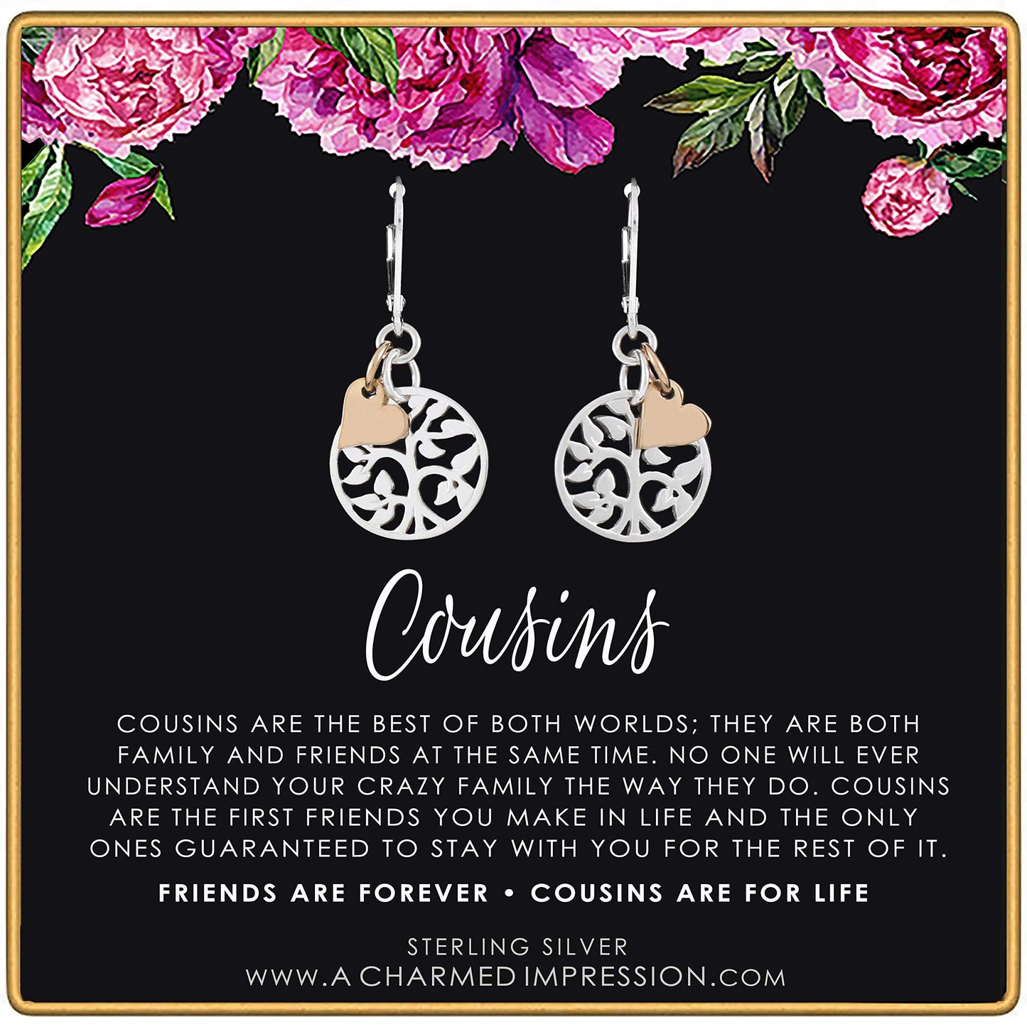 Cousin Gifts for Women • Gift for Cousin Woman • Sterling Silver Leverback Earrings • Silver Tree with Gold Heart • Family Tree • Loving Cousin Jewelry • Meaningful Jewelry for Women