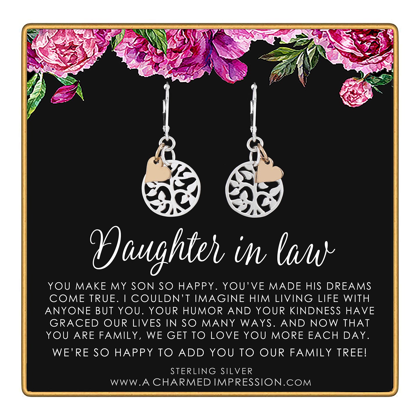 Daughter in Law Gift • Welcome to Our Family Tree • Sterling Silver Leverback Earrings • Gifts for Stepdaughter or Future New Daughter In Law • Silver Tree Gold Heart Charm • Jewelry for Women