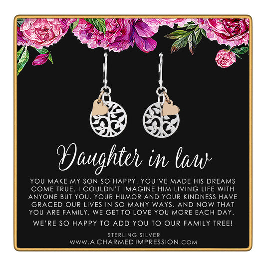 Daughter in Law Gift • Welcome to Our Family Tree • Sterling Silver Leverback Earrings • Gifts for Stepdaughter or Future New Daughter In Law • Silver Tree Gold Heart Charm • Jewelry for Women