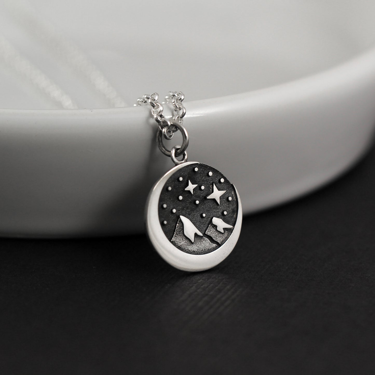 Sterling Silver Star Moon & Mountains Pendant Necklace • Starry Night Mountain Charm • Crescent Moon • Snow Capped Mountain Pendant Necklace • Hiking Camping Outdoor Nature Lover Gifts for Women