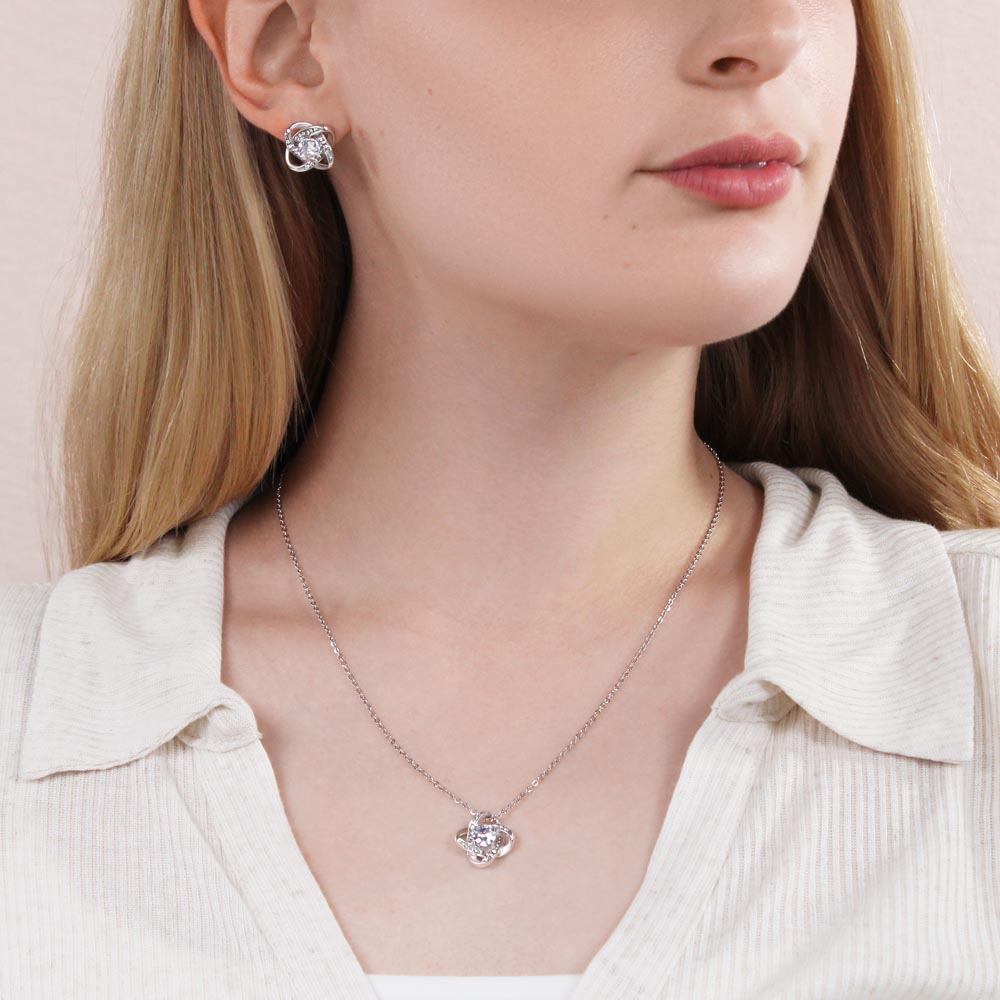 Gifts for Mom - Mother and Son Necklace & Earrings - Boy Mom Gift - Love Knot Charm - Infinite Love Jewelry - 14k White Gold - Adjustable Length Mahogany Style Luxury Box