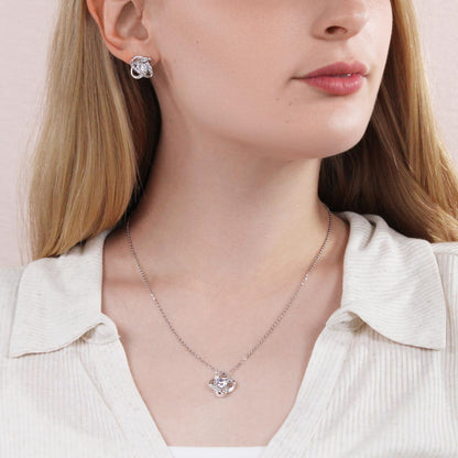 Gifts for Mom - Mother and Son Necklace & Earrings - Boy Mom Gift - Love Knot Charm - Infinite Love Jewelry - 14k White Gold - Adjustable Length Mahogany Style Luxury Box