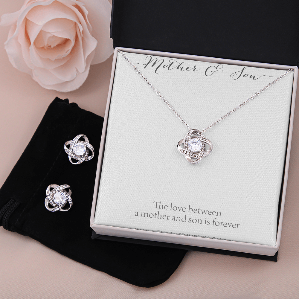 Gifts for Mom - Mother and Son Necklace & Earrings - Boy Mom Gift - Love Knot Charm - Infinite Love Jewelry - 14k White Gold - Adjustable Length Mahogany Style Luxury Box