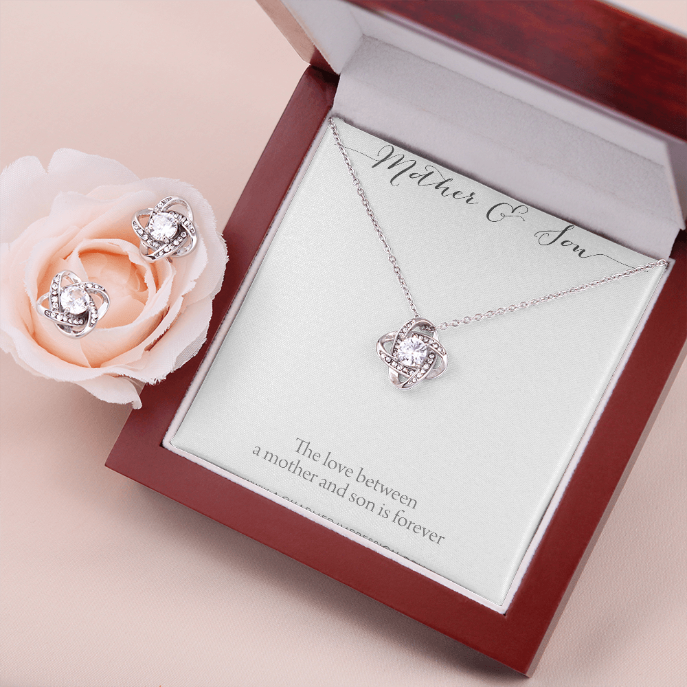 Gifts for Mom - Mother and Son Necklace & Earrings - Boy Mom Gift - Love Knot Charm - Infinite Love Jewelry - 14k White Gold - Adjustable Length Mahogany Style Luxury Box